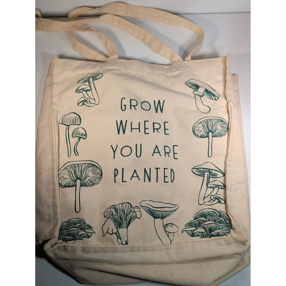Eco-Friendly 'Grow Where You Are Planted' Mushroom Tote Bag With Inner Pockets